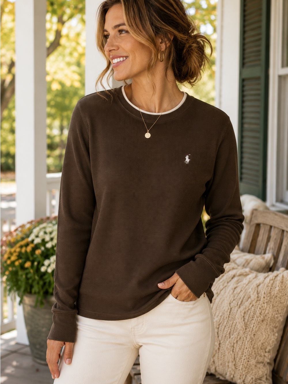 Polo Ralph Lauren Brown Waffle Knit Thermal Shirt | Long Sleeve Crewneck Classic